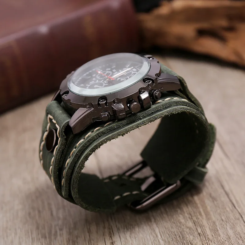 Relojes de cuarzo de lujo para hombre, pulsera de cuero de vaca, estilo Punk, pulseras anchas de cuero genuino