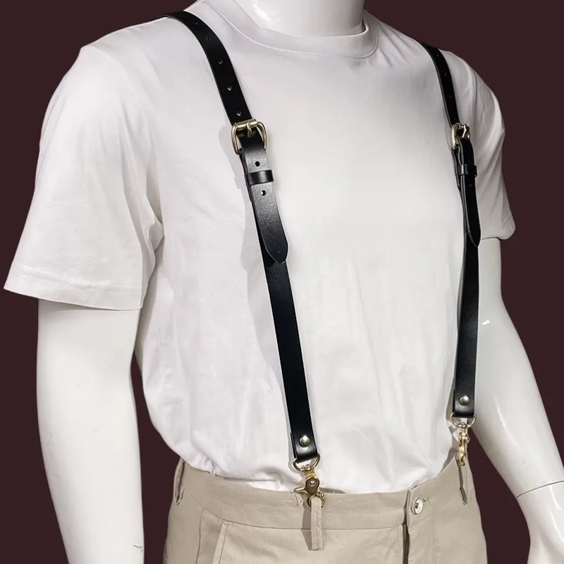 2*115CM Suspenders Man Vintage Leather Suspenders Man For Pants Copper Hook Buckle Straps For Tools Belt Knight Suspenders