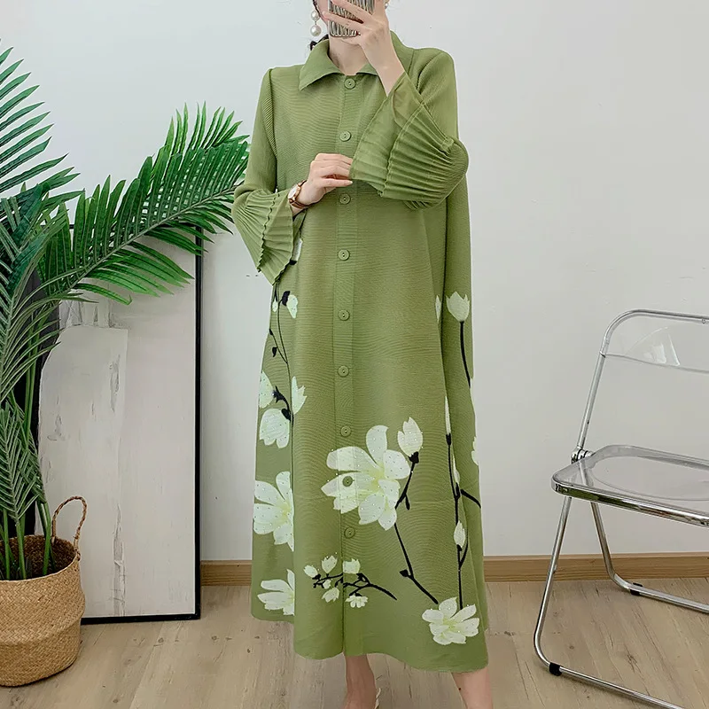 Miyake Pleated Dress Women 2024 Spring New High-End Design Sense Printing Lapel 3/4 Sleeve Single-Brewed Fashion Shirt Dresses