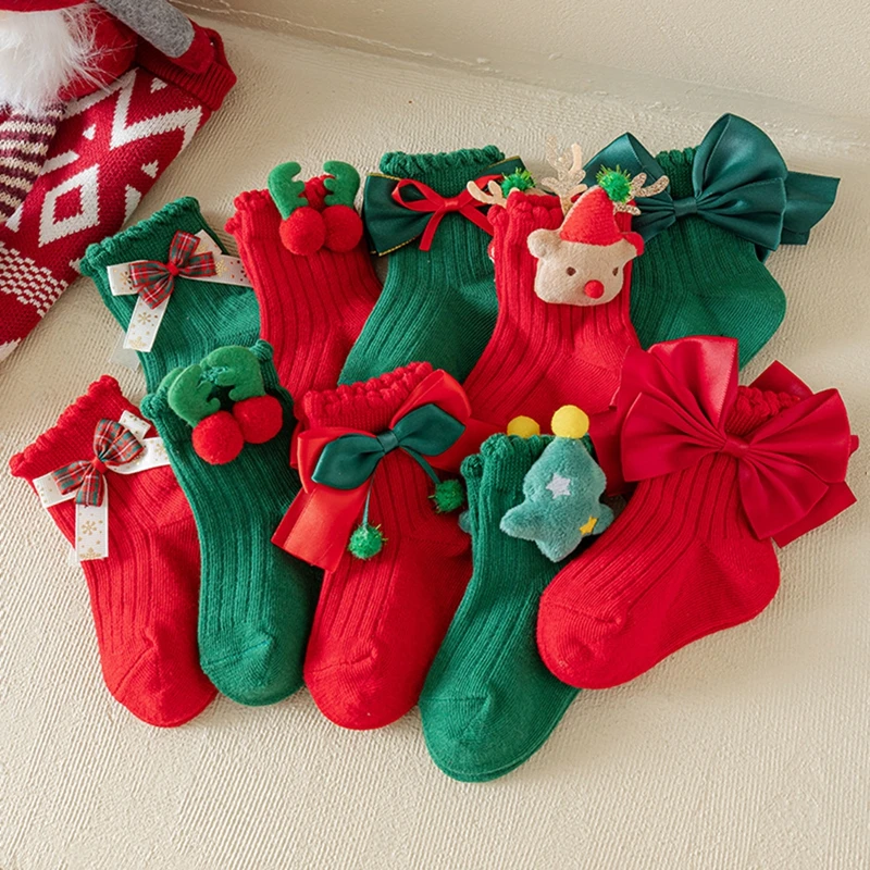 Toddler Girls Christmas Socks Cute 3D Antler Bow Tree Crew Socks Soft Breathable Cotton Socks