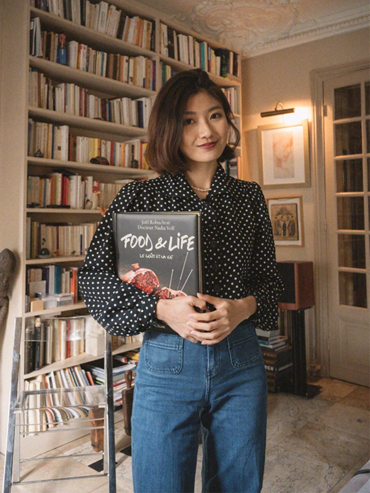 

Fashionable Retro Polka Dot Long Sleeve Shirt Lantern Sleeve Black White Checkered Top for Commute Straight Cut Polyester Fiber