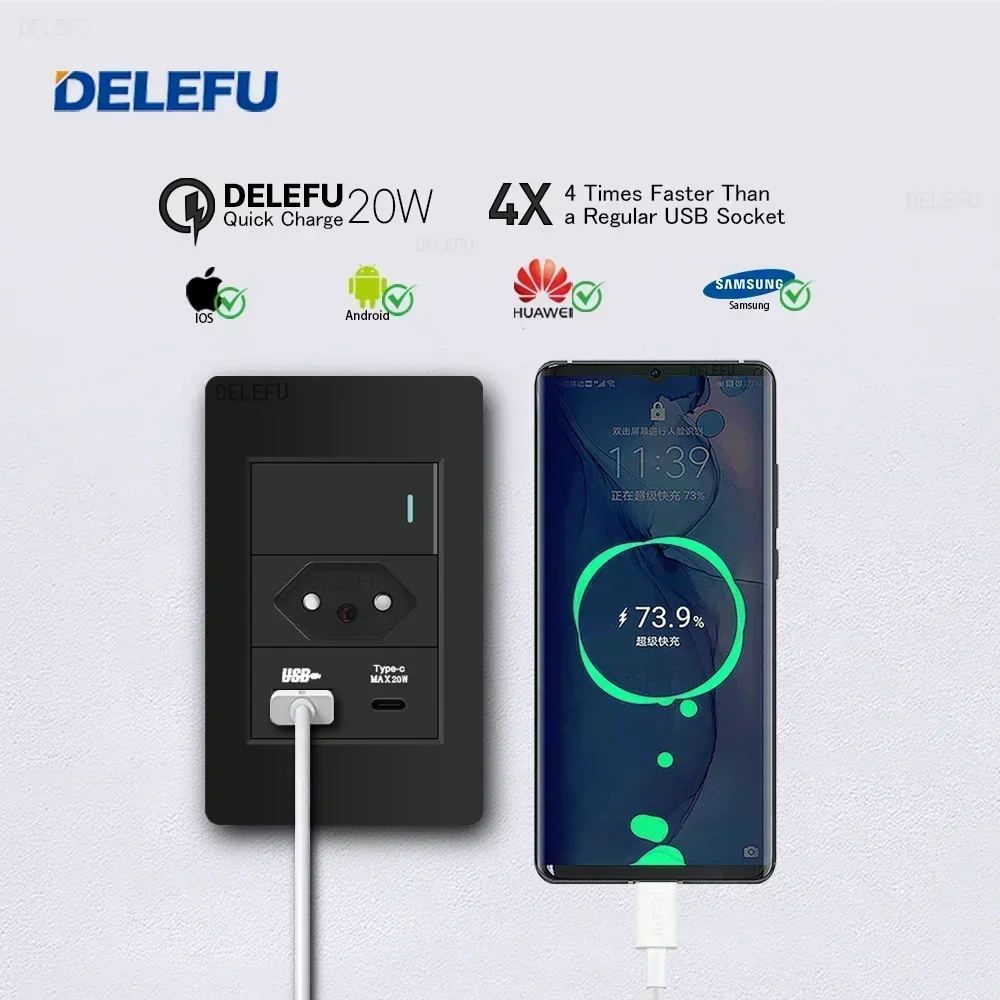 DELEFU PC Panel Fireproof Double USB Type C Charge Brazil Standard Outlet Black Wall Power Light Switch Electrical Plug  10A 20A