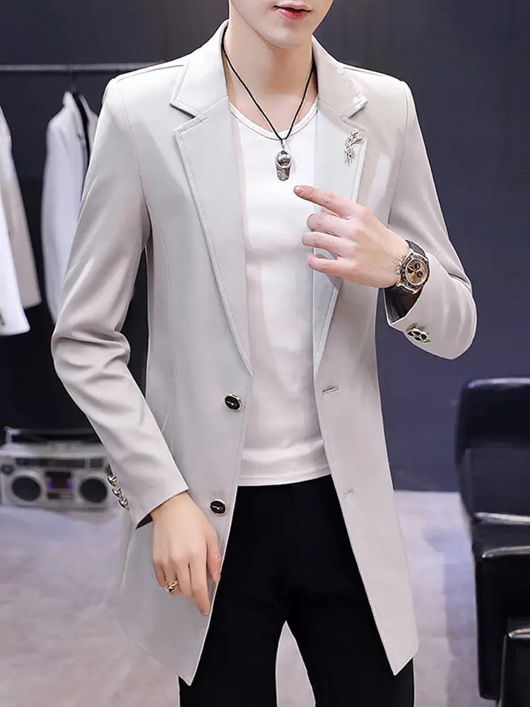 

Мужское повседневное пальто средней длины в корейском стиле, весна-осень, приталенное, из полиэстера и эластана, с длинными рукавами