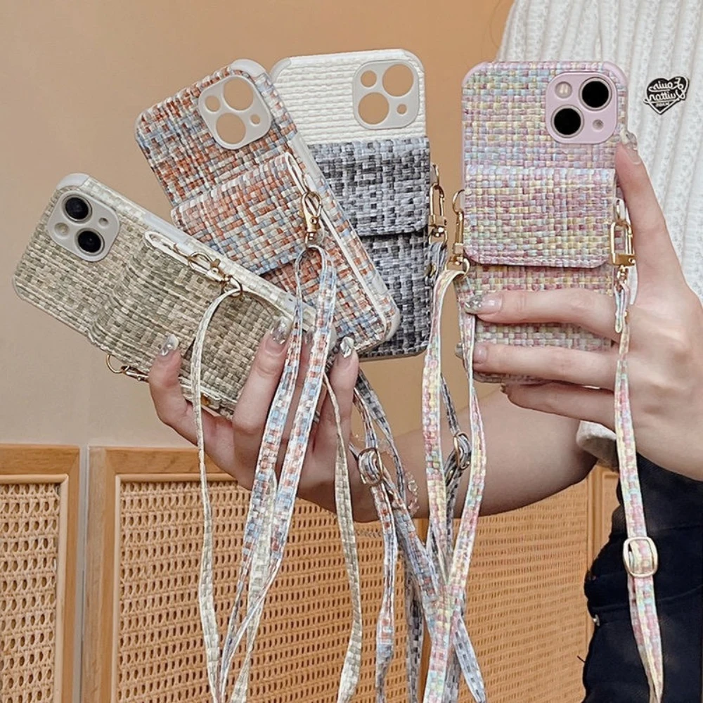 

Чехол-кошелек через плечо с ремешком для карточек для iPhone 16 Pro Max 15 14 Plus 13 12 11 Роскошный защитный чехол с сетчатым узором