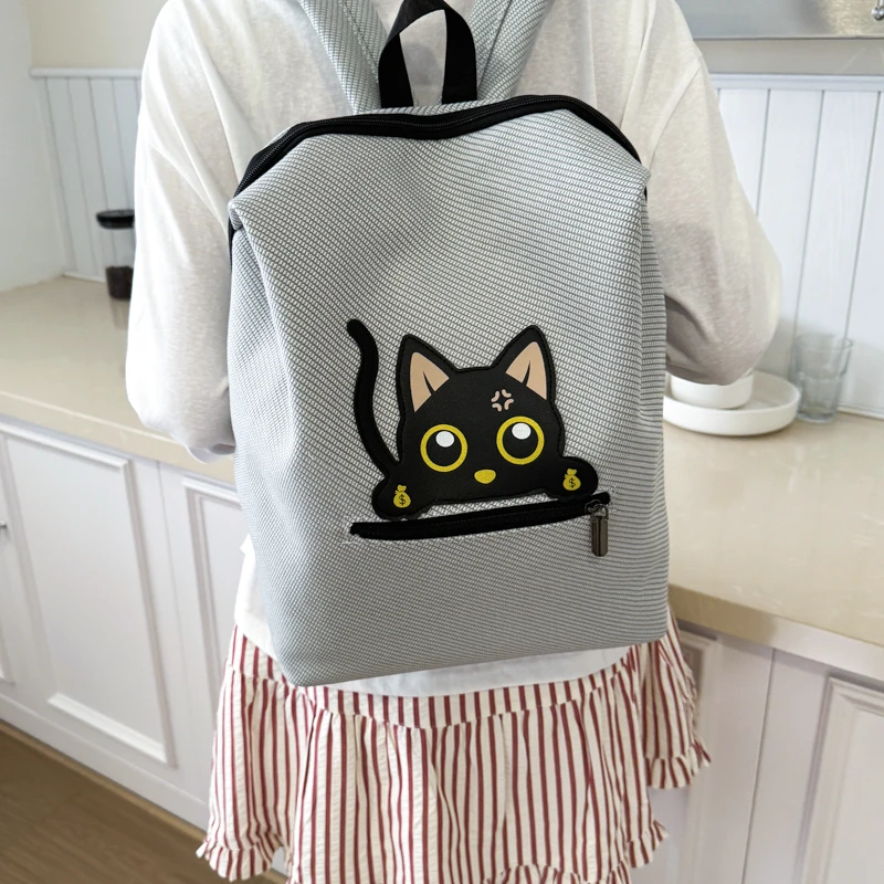 かわいい猫プリントスクールバッグ軽量バックパック女性学生通勤用多用途ミニバックパックソフトハンドルポリエステル裏地