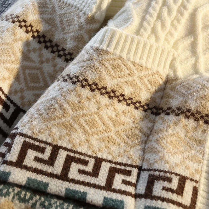 2025 Ethnic Jacquard Knit Cardigan Japanese Retro Casual Versatile Sweater Loose-Fit Sweater Jacket Couple Knitwear