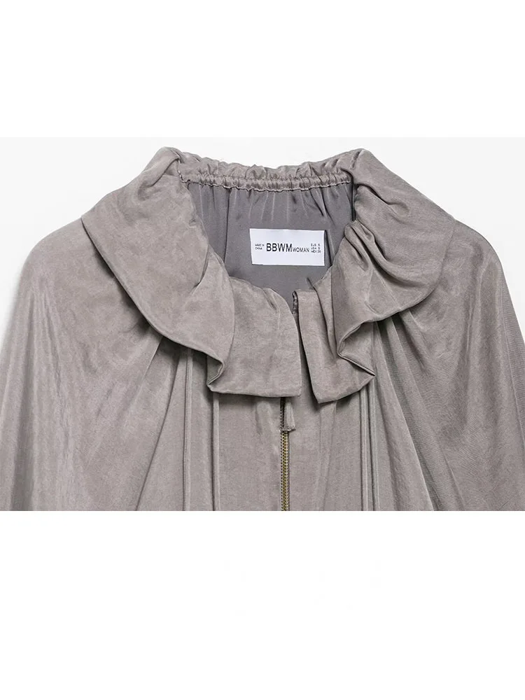 HH Chaqueta de piloto ajustada de manga larga con cremallera y solapa con cordón para mujer + pantalones con bolsillos textura satinada conjunto elegante de 2 piezas de verano sólido