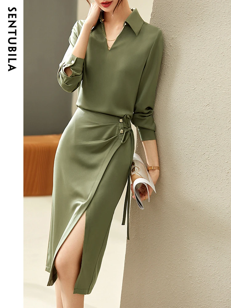 SENTUBILA Elegant Skirt 2 Piece Set Women Autumn Outfits 2024 Fashion Polo Neck Shirt Ruched Slit Satin Skirts Sets 123Z43116