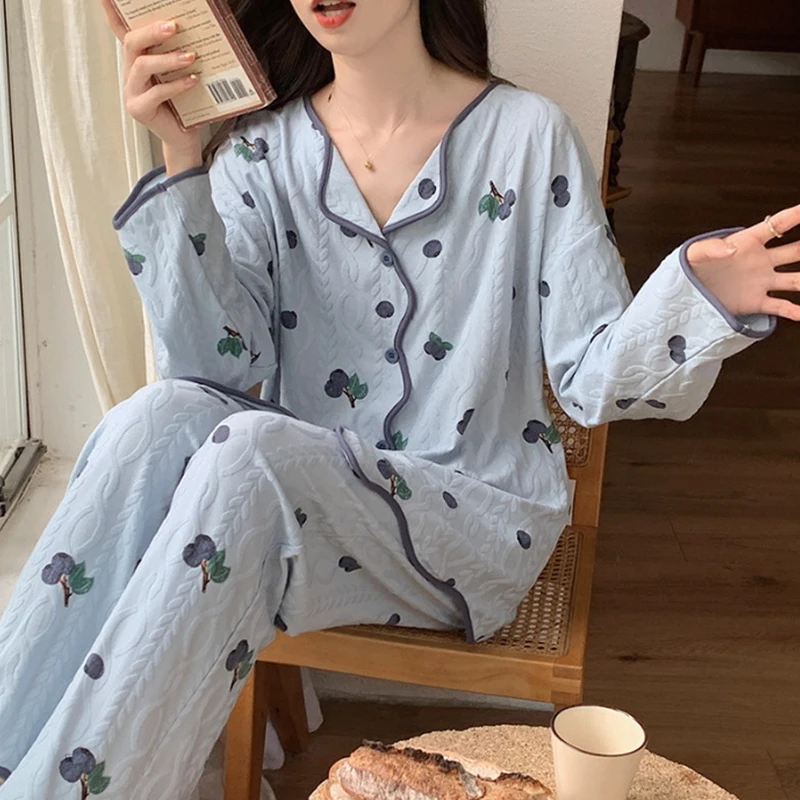 

Spring Long Sleeve Cardigan Netflix Style Jacquard Home Casual Blueberry Strawberry Orange Breathable Stretch Women's Pajamas