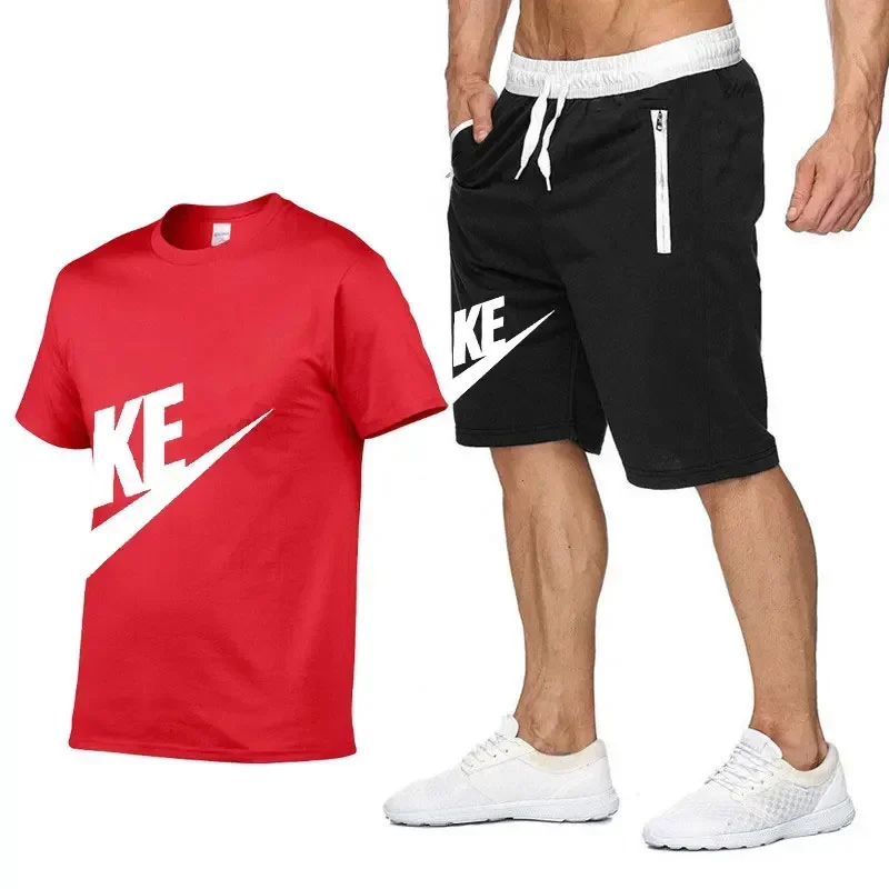 Conjunto de camiseta e shorts masculinos estampados com gola redonda, manga curta, shorts de 5 pontos, esportes fitness, moda casual, verão, 2