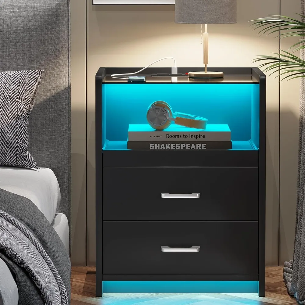 

Bedside Table with LED Lights, Night Stand with Pull-Out Tray, 2 Drawers, Modern End Table with USB Ports Outlets