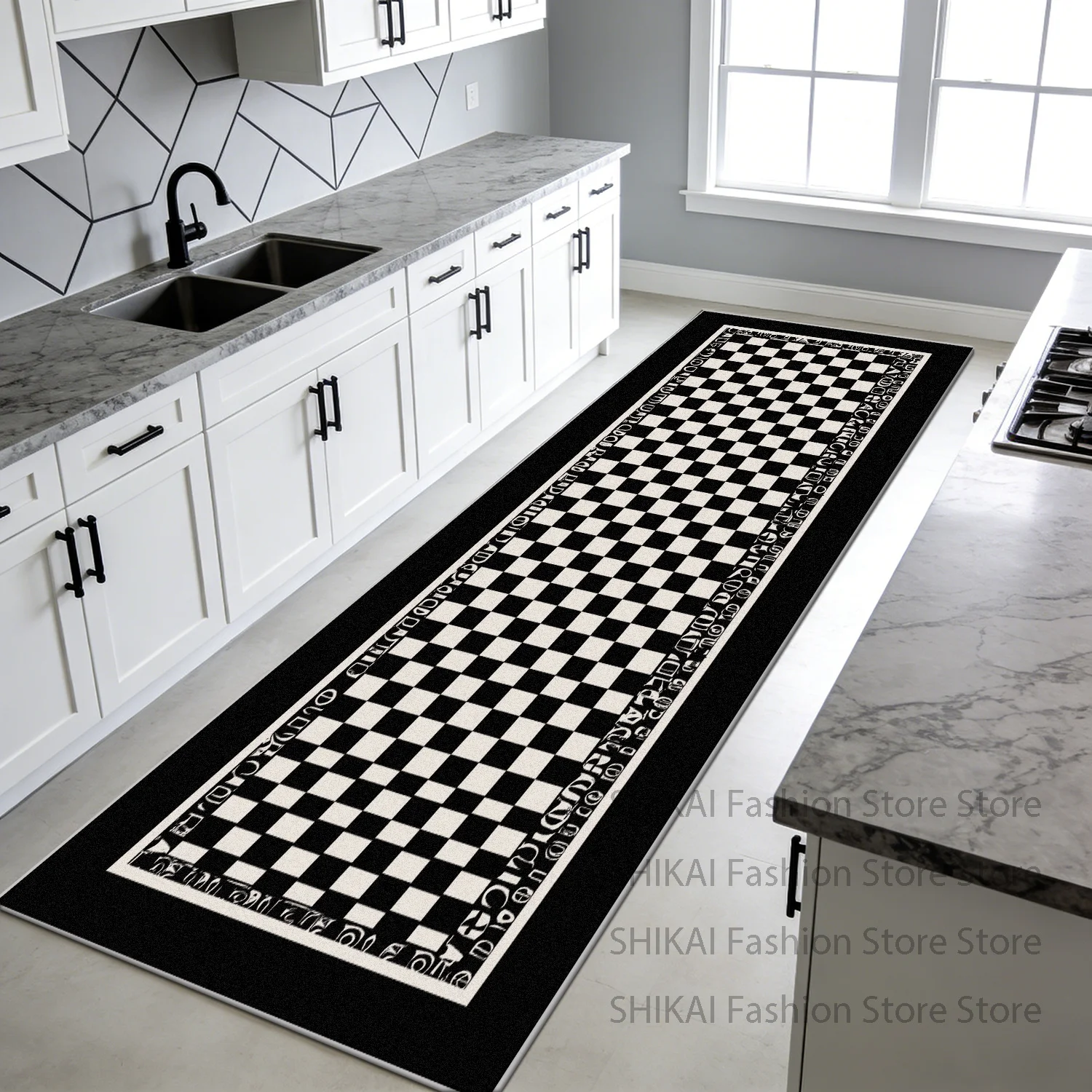 

Черно-белый геометрический ковер для кухни, легко чистящийся, длинный, декоративный, прикроватный, противоскользящий, мягкий, складной, безворсовый, для прихожей
