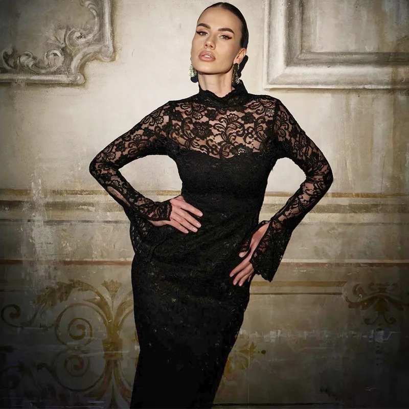 

Sexy Black Lace Perspective Evening Dress Jacquard Spliced Waist Party Gown Stand up Neck Loudspeaked Long Sleeves Overlay Prom