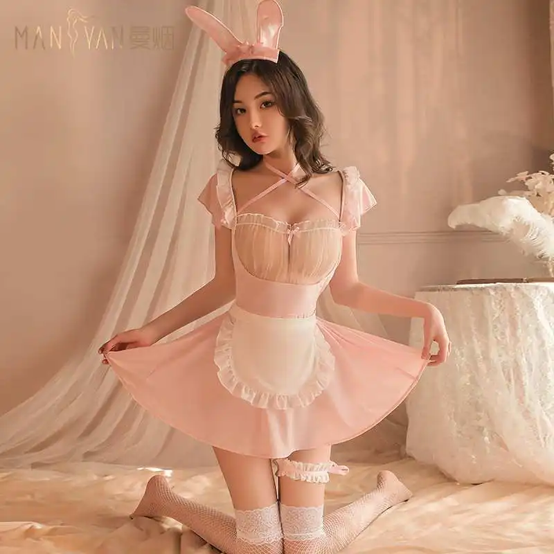 Vestido de chica conejito Ligerie transparente y Sexy para mujer, disfraces de sirvienta para Cosplay, trajes de dulce Lolite