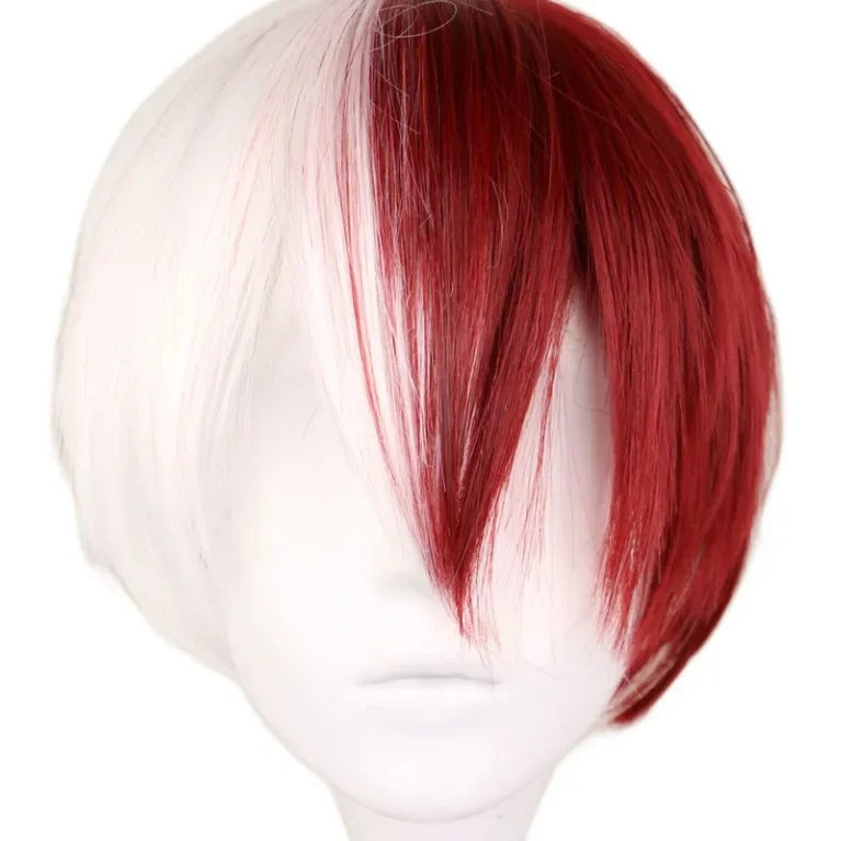 WHIMSICAL W Anime My Hero Academia Cosplay peluca mitad blanca de mitad de rojo pelucas sintéticas cortas y rectas para Halloween