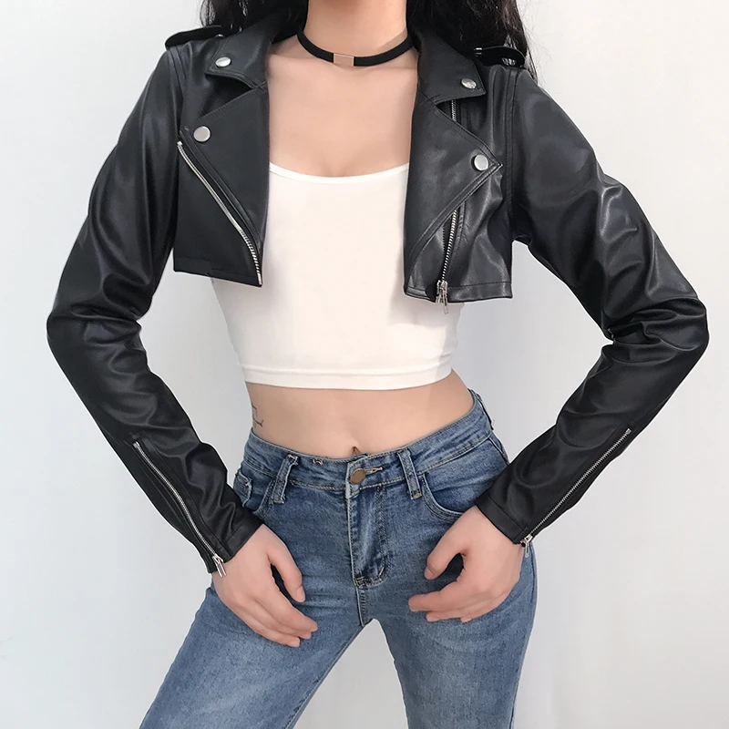 Short Empire Leather Jackets for Women, Long-Sleeved, Solid Zipper, Slim, All Match, Female Outwear Tops, Winter, New