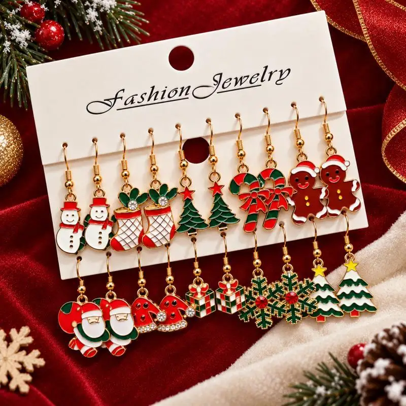 10 Pairs Christmas Dangle Earrings Set, Snowman Tree Gingerbread Candy Cane Holiday Earrings for Women Gift