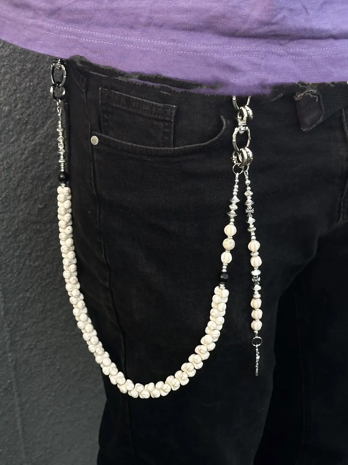 

Original handmade punk style pants chain American white turquoise bone string cleanfit rose cross fashion accessory