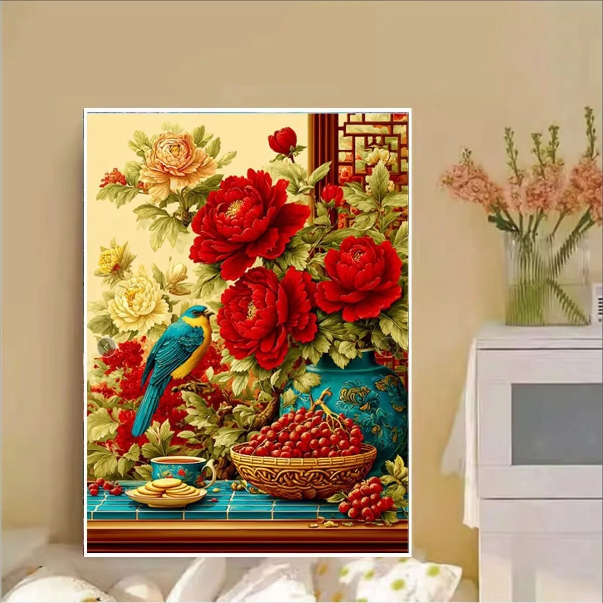 

Birds Red Flowers Printed Kits Cross Stitch 11CT 9CT Embroidery DIY Cotton Needlework Sets Crafts With Needles