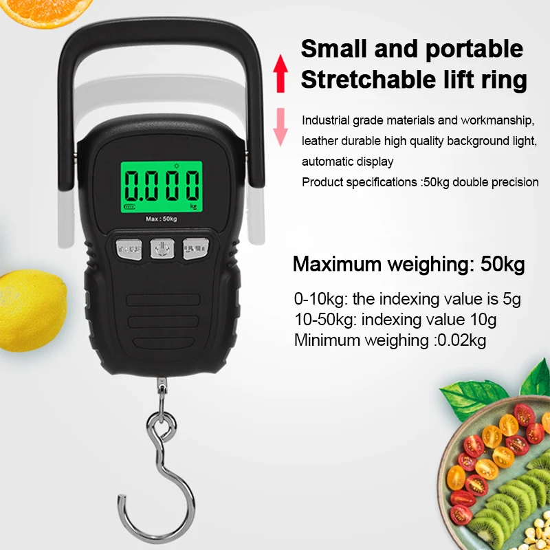 50kg Mini LCD Digital Scale with Tape Measure Backlit Electronic Weighing Hanging Hook Scale Portable Luggage Weighing Tool