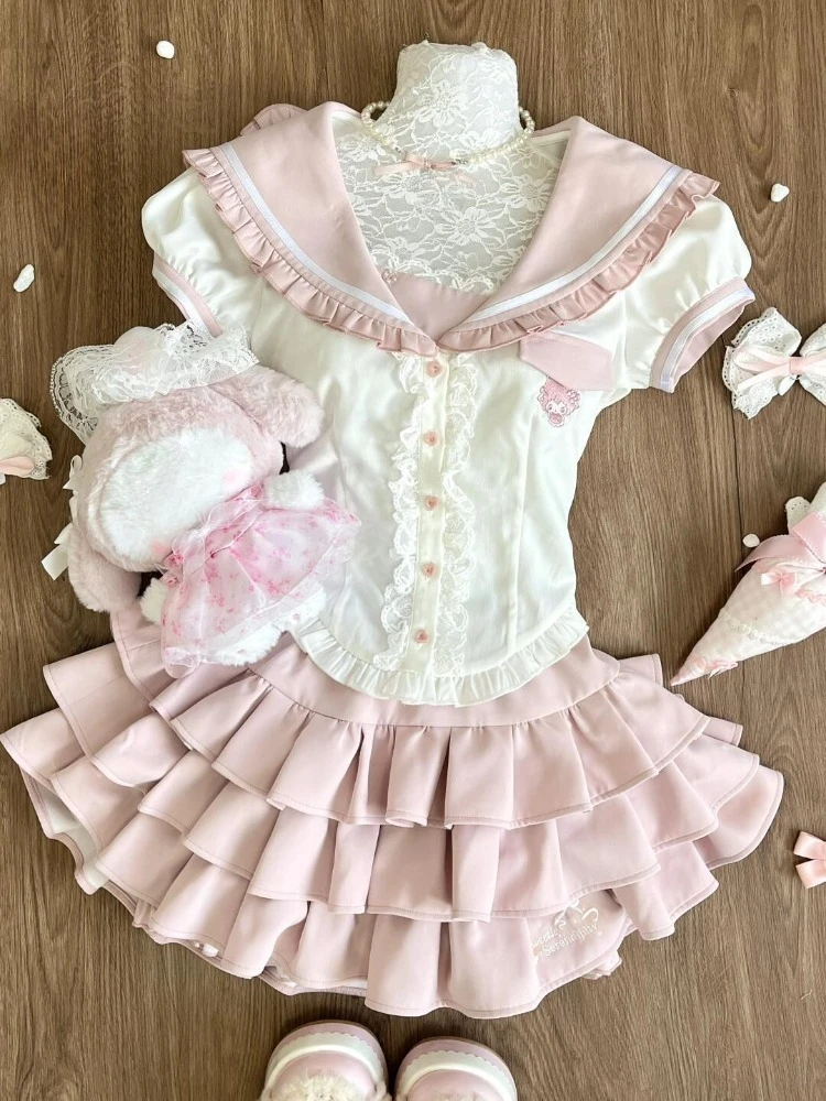 الصيف اليابانية الحلو Kawaii قطعتين مجموعة المرأة الدانتيل تقليم تكدرت الأعلى + Y2k تنورة صغيرة الشباب سليم صالح موضة الزي جديد