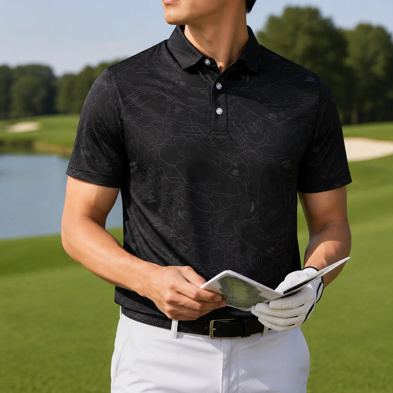Men Black Camo Golf Polo Shirt Short Sleeve Quick Dry Breathable Stretch Sportswear Casual Outdoor Golf Shirt Ready Stock