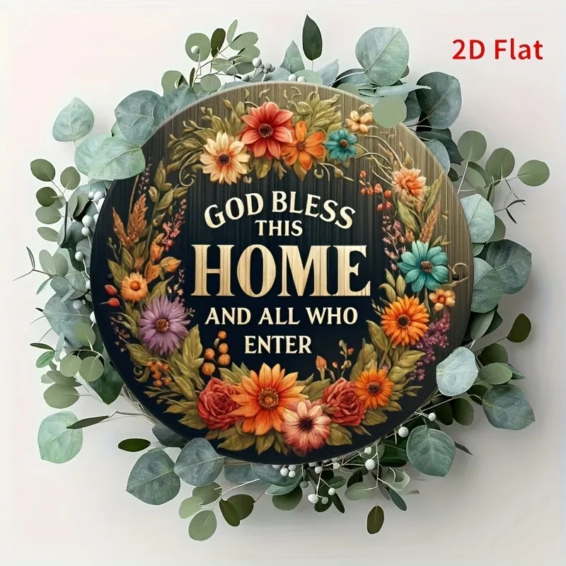 لافتة معدنية من الألومنيوم - ديكور إكليل دائري مع تصميم زهور نابضة بالحياة، ديكور شرفة ترحيب وباب لأجواء المنزل الروحي #2