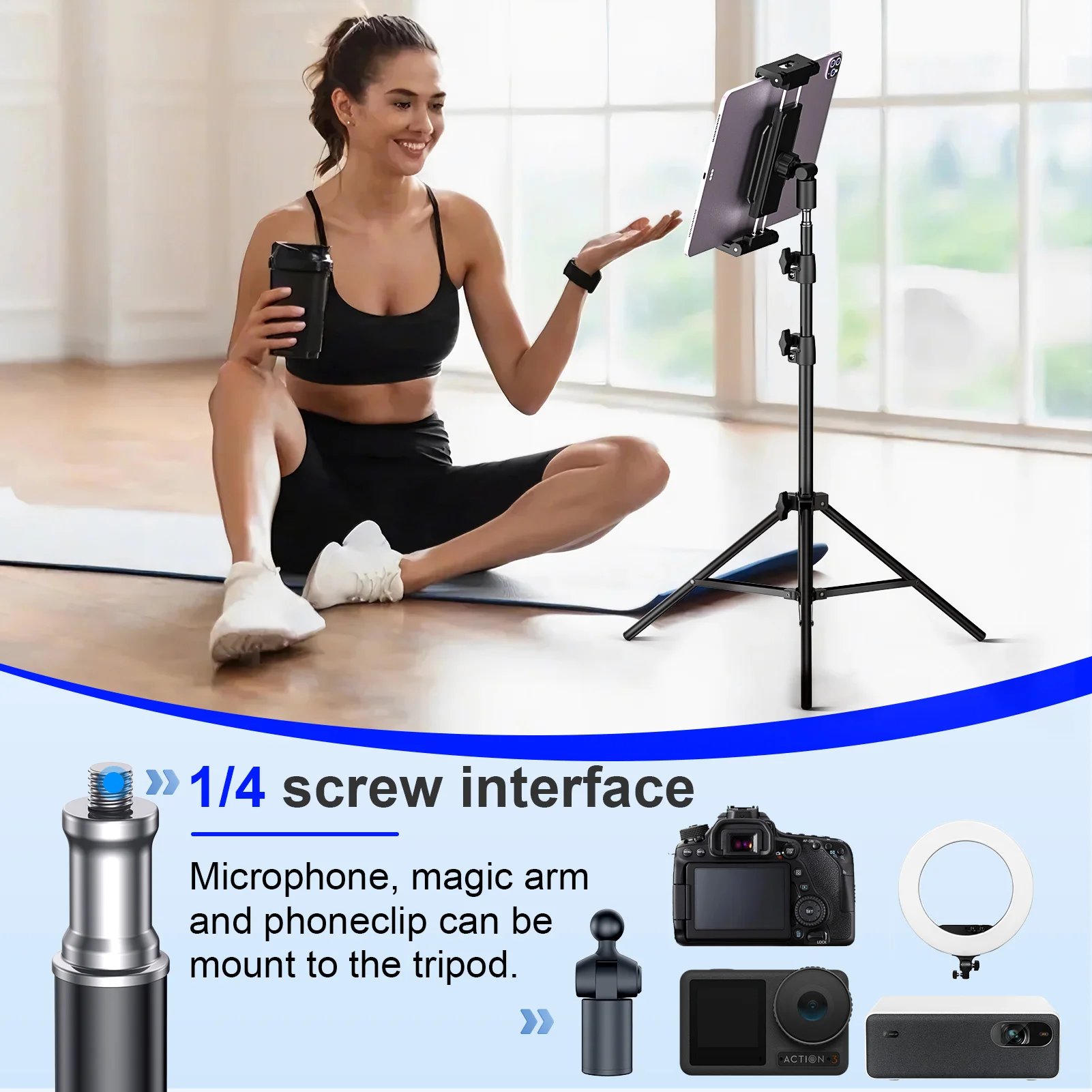 Adjustable Floor Tripod Tablet Holder Mount 55-160cm Tall Stand with 1/4 Screw for IPad Pro Air Phone Live Streaming Video Chat