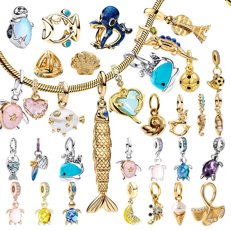 Neue Original-Charm-Perle, Ozean-Serie, Blauer Oktopus, Krabbe, Seestern, Seelöwe, Krokodil-Charm, passend für Anhänger-Armbänder, Damenschmuck, Geschenk