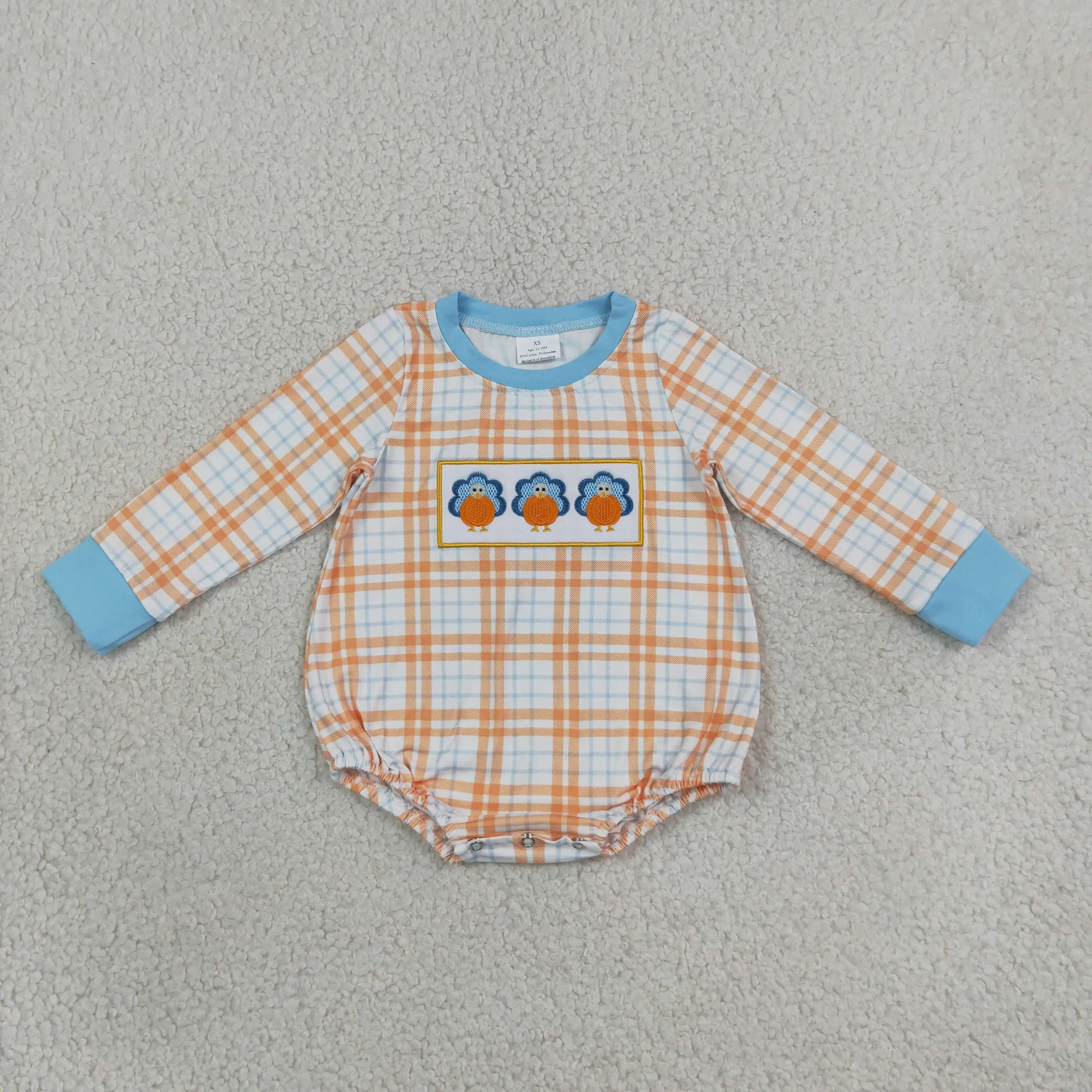 Wholesale Baby Boy Toddler Thanksgiving Children Embroidery turkey Plaid Bubble Romper Boys Kids Newborn Coverall Fall Bodysuit