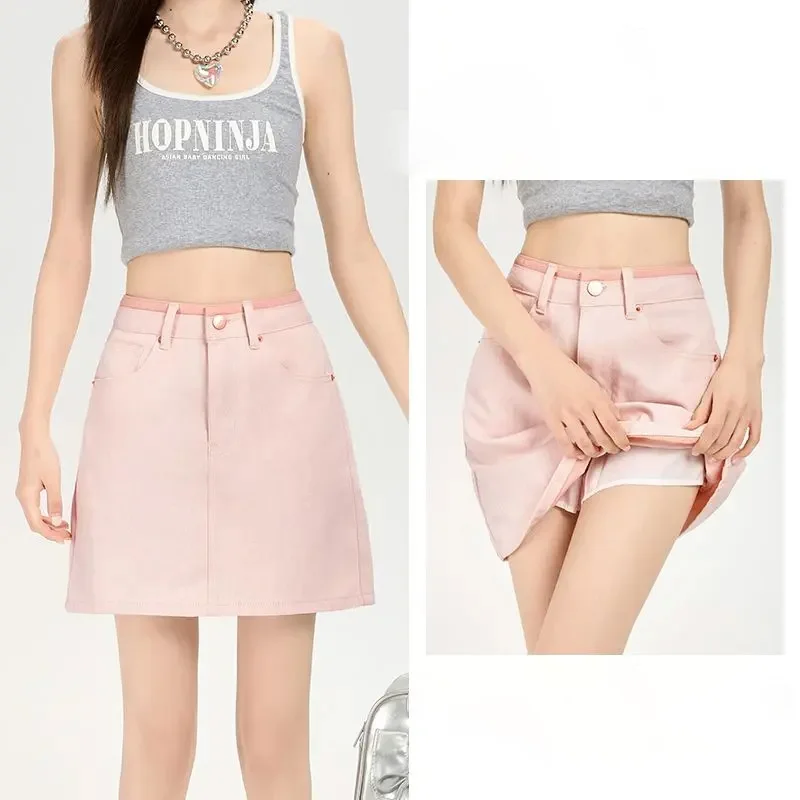 Mulheres rosa de cintura alta emagrecimento ajuste denim mini saias elegantes para mulheres na moda verão novo estilo versão coreana saias bodycon