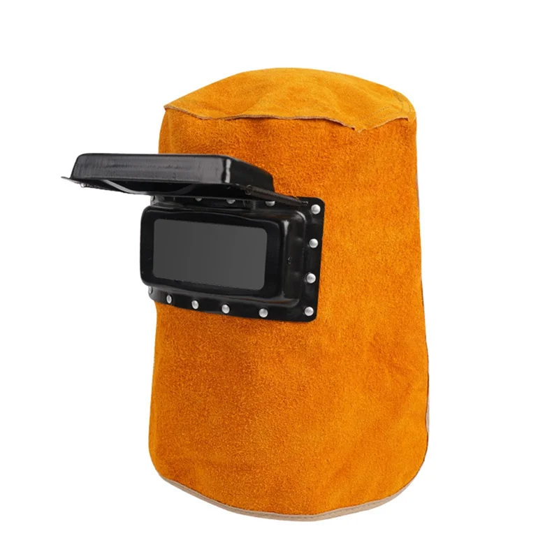 A74E-Protective Leather Welding Hood With Grinding Face Shield, Flip Open Lens Work Cap For Flame Resistant Safety