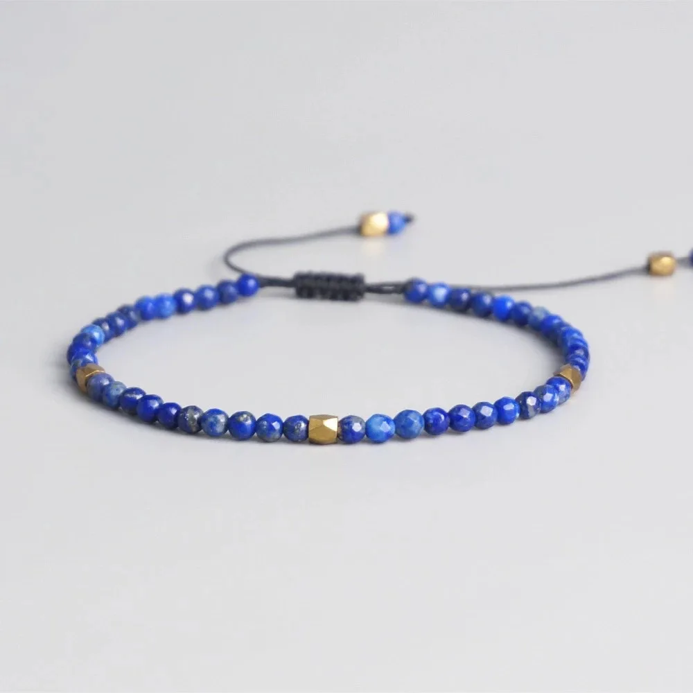 3mm Dainty Faceted Lapis Lazuli Natural Stone Healing Crystal Yoga 7 Chakra Agate Spiritual Adjustable Braided Bracelet Women