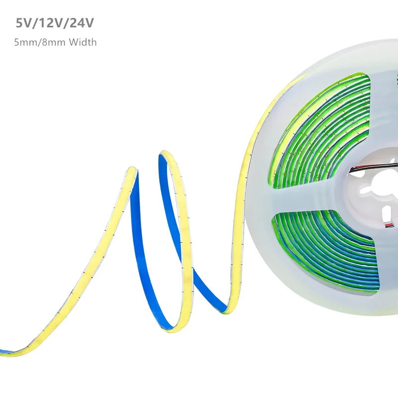

5V 12V 24V COB Strip Light 5mm 8mm Width Dimmable High Density Flexible Linear LED Tape CRI90 3000K 4000K Cool White 6000K 5M