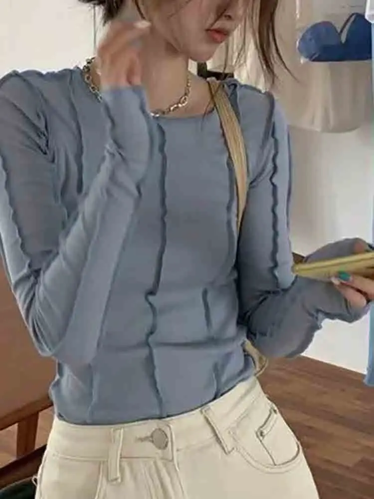 Long Sleeve T-shirts Women Spring Solid O-Neck  Bright Line Decoration Slim Casual Soft High Quality Women топ женский