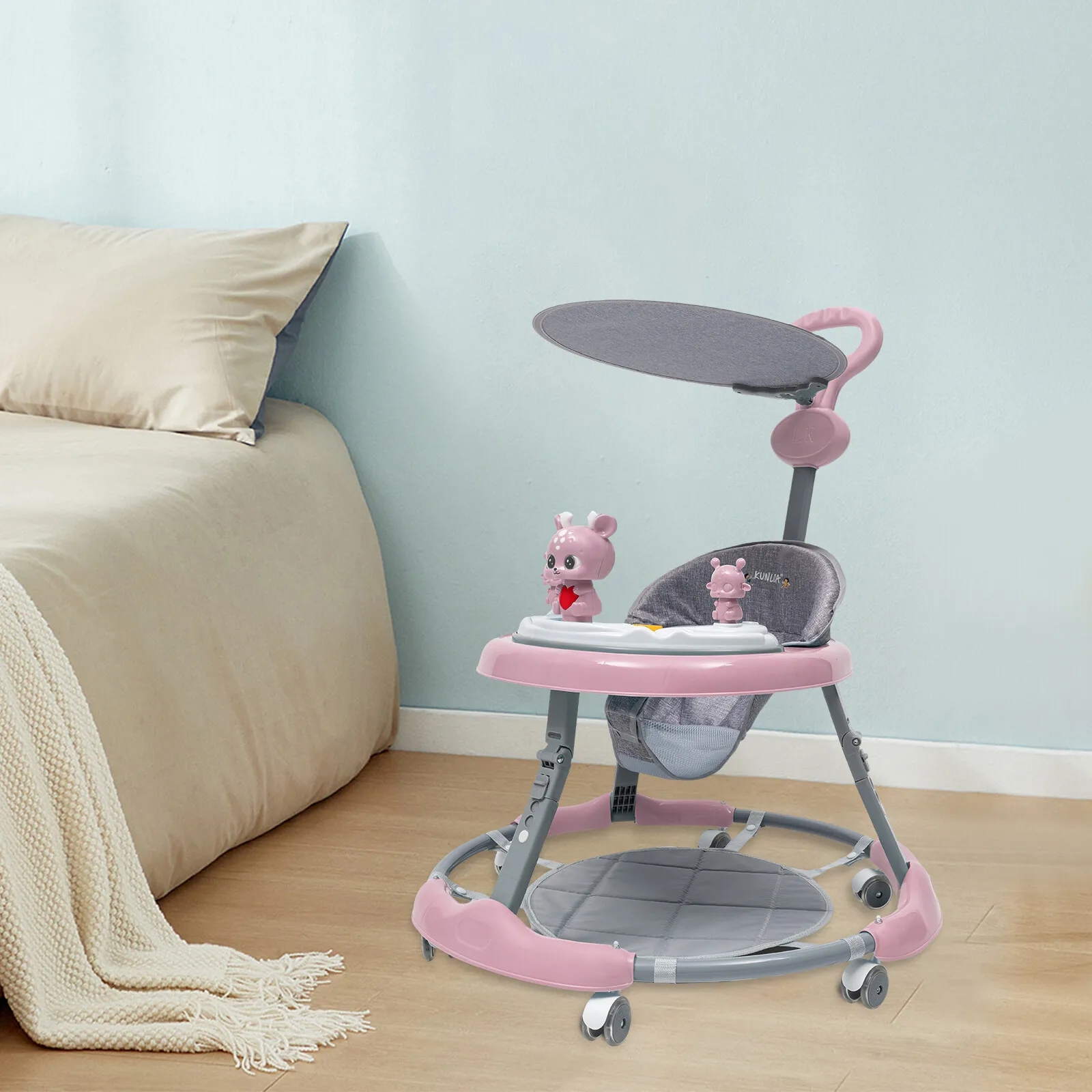 Konvertierbarer 4-in-1 Baby-Lauflernwagen mit 7-fach Höhenverstellbarem & Spieltablett Kippsicherer Breiter Stabiler Basis für 6-18 Monate alte Kleinkinder