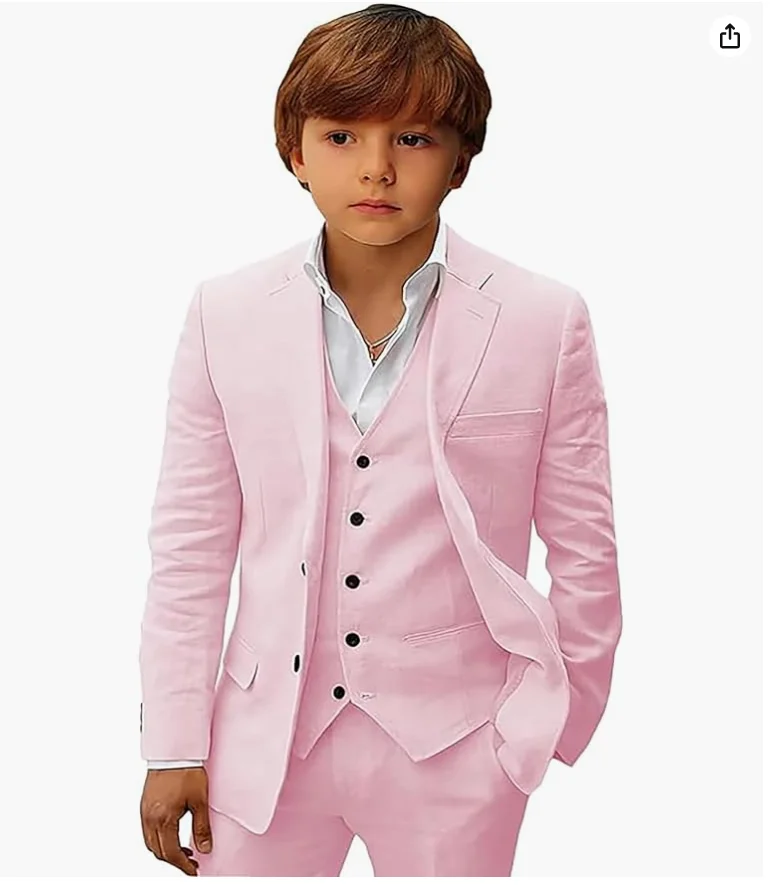 

Pink Boys Summer Linen Suit Set 3 Pieces Formal Notched Lapel Kids Dress wear Outfit Blazer Vest Pants Wedding Party Tuxedos