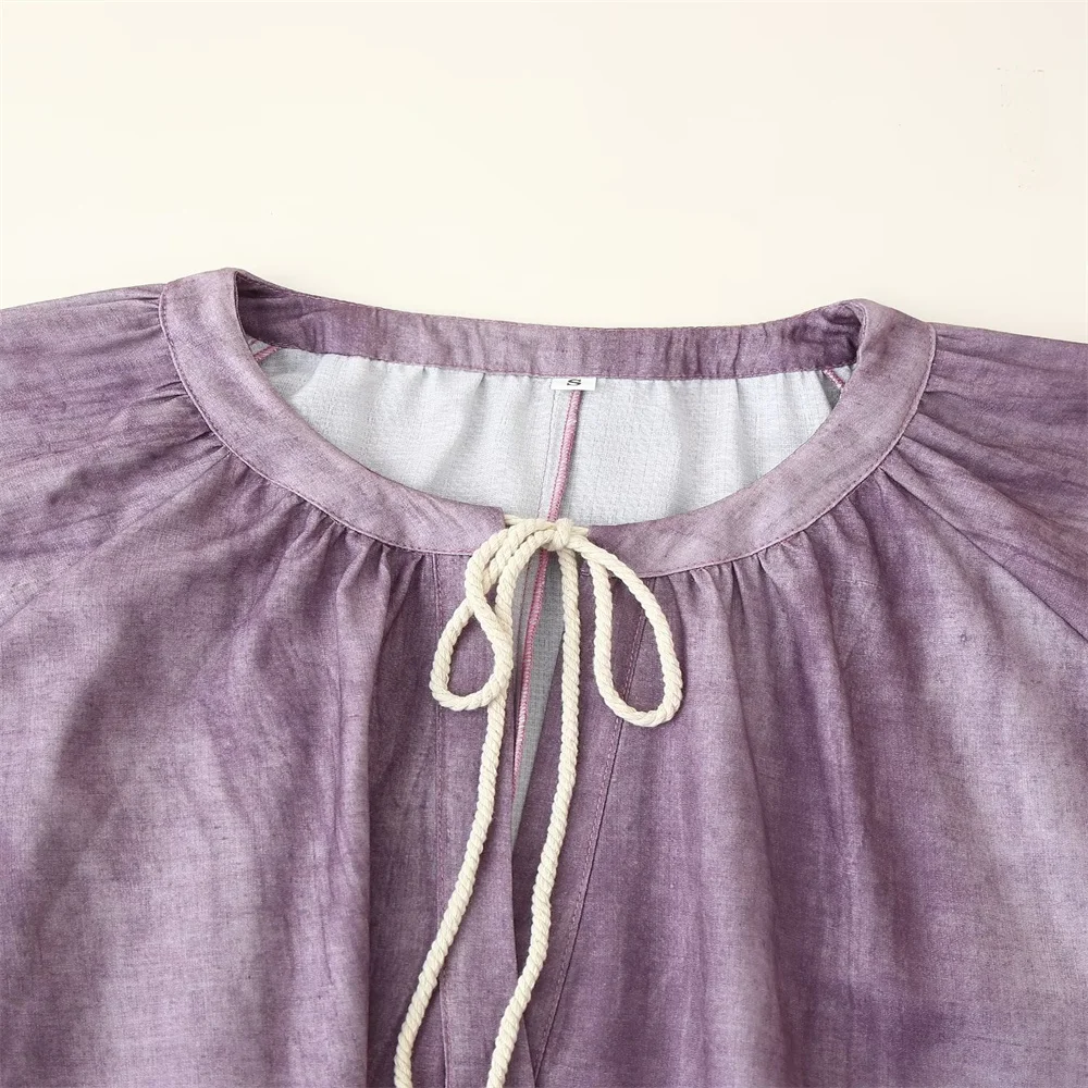 유럽과 미국 스타일의 여성 의류 새로운 패션 리넨 타이 염색 긴팔 루즈 드레스