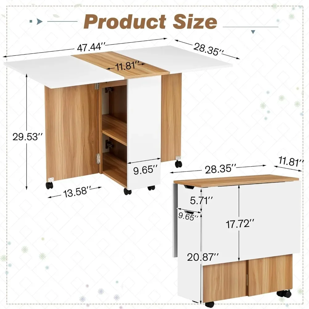 Folding Dining Table, Drop Leaf Dining Table with Lockable Wheels, Space Saving Extendable Dinner Table with Storage