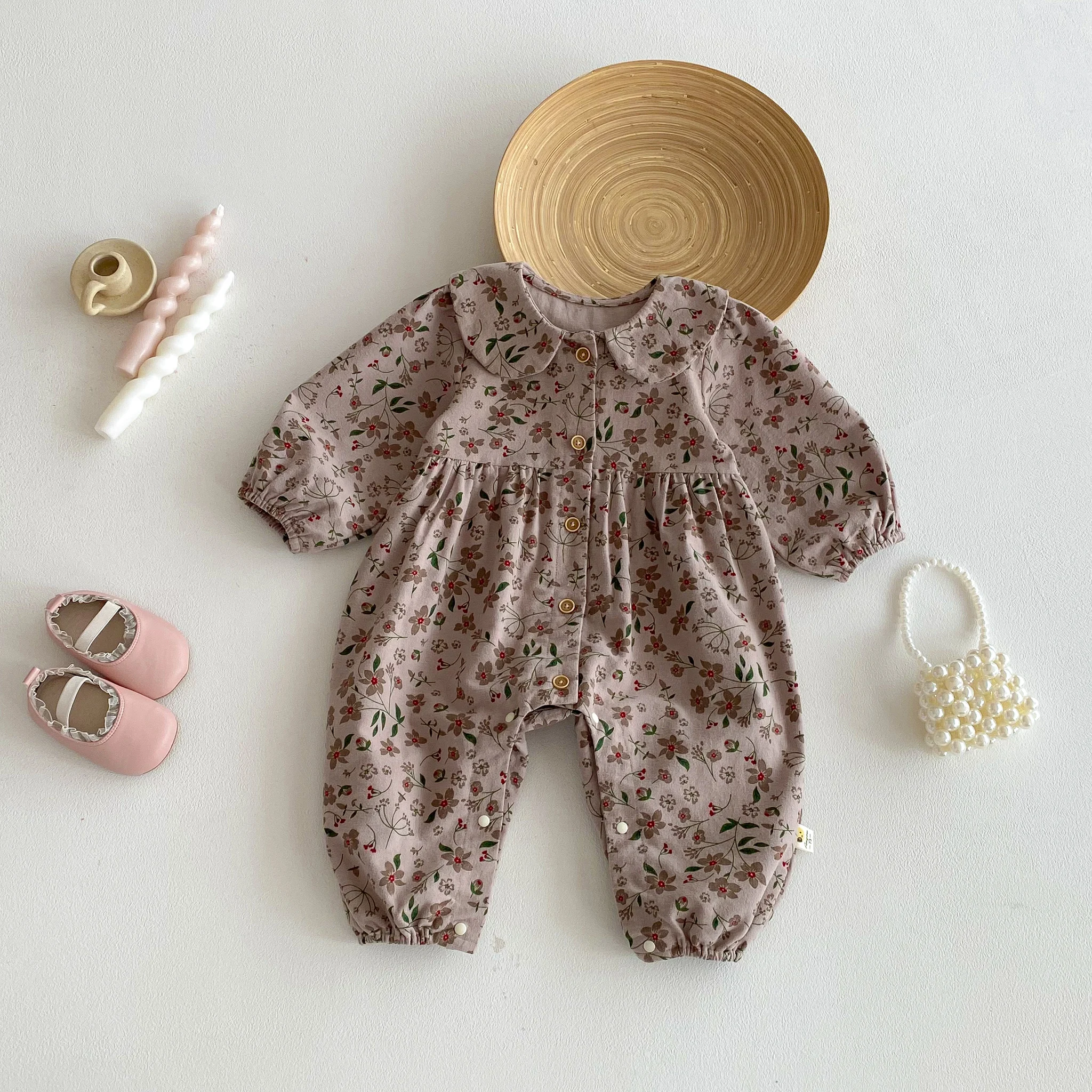 Korean Style Coffee Colored Baby Girl Spring and Autumn Long Sleeved Western Floral Doll Collar Baby Clothes Rompers