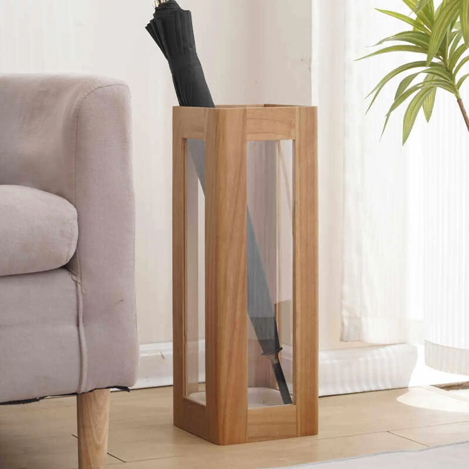 Solid Wood Indoor Umbrella Holder with Acrylic Panel Removable Drip Tray