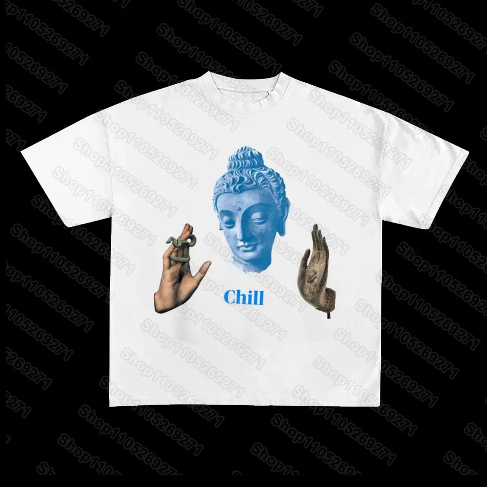 Summer Buddha Rchill Print T-Shirt Aesthetic Goth Vintage Street Women Tees Grunge Punk Printing Tops Y2k Emo Girl Letter Tops