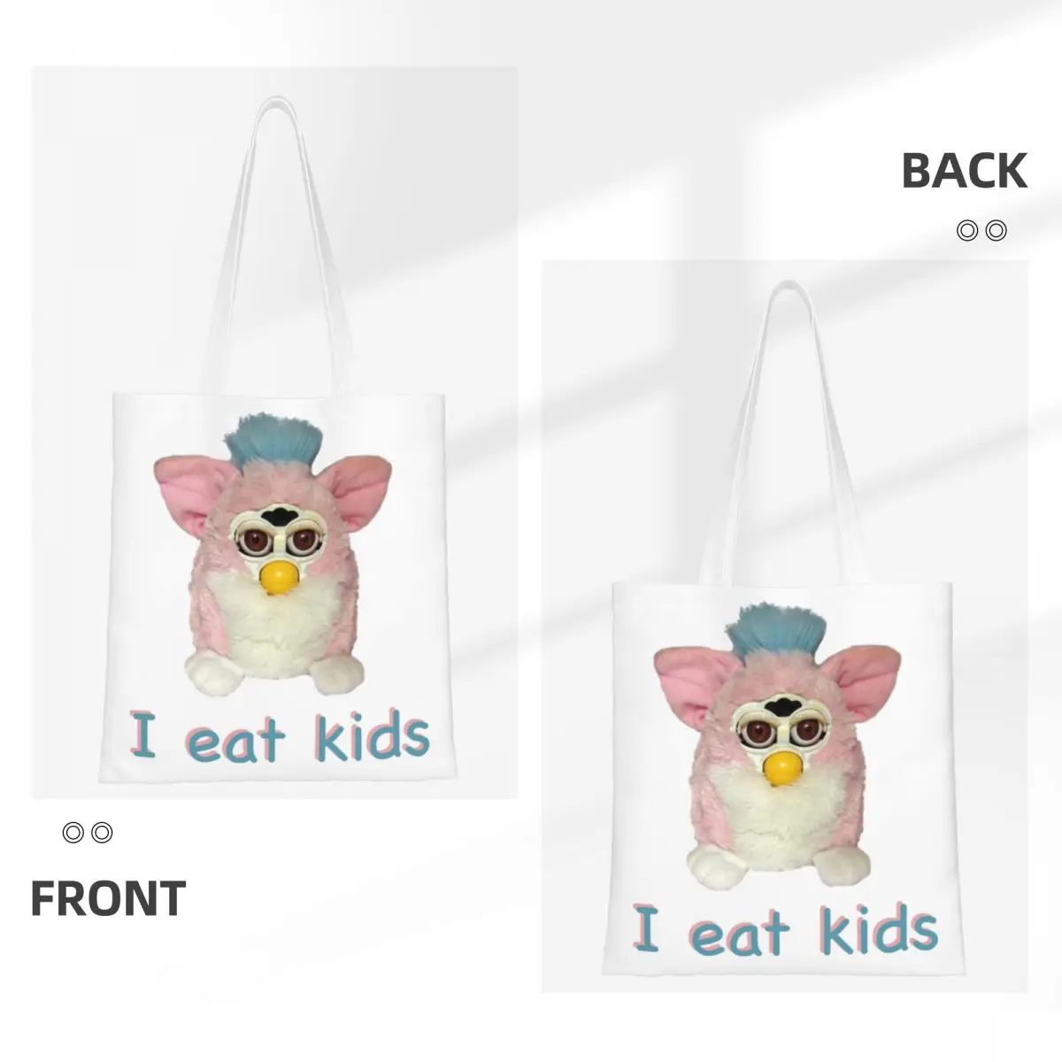 Custom Furbys I Eat Groceries Shopping Bag Custom Print Canvas Shopper Shoulder Tote Bags Portable Cartoon Animal Robot Handbag