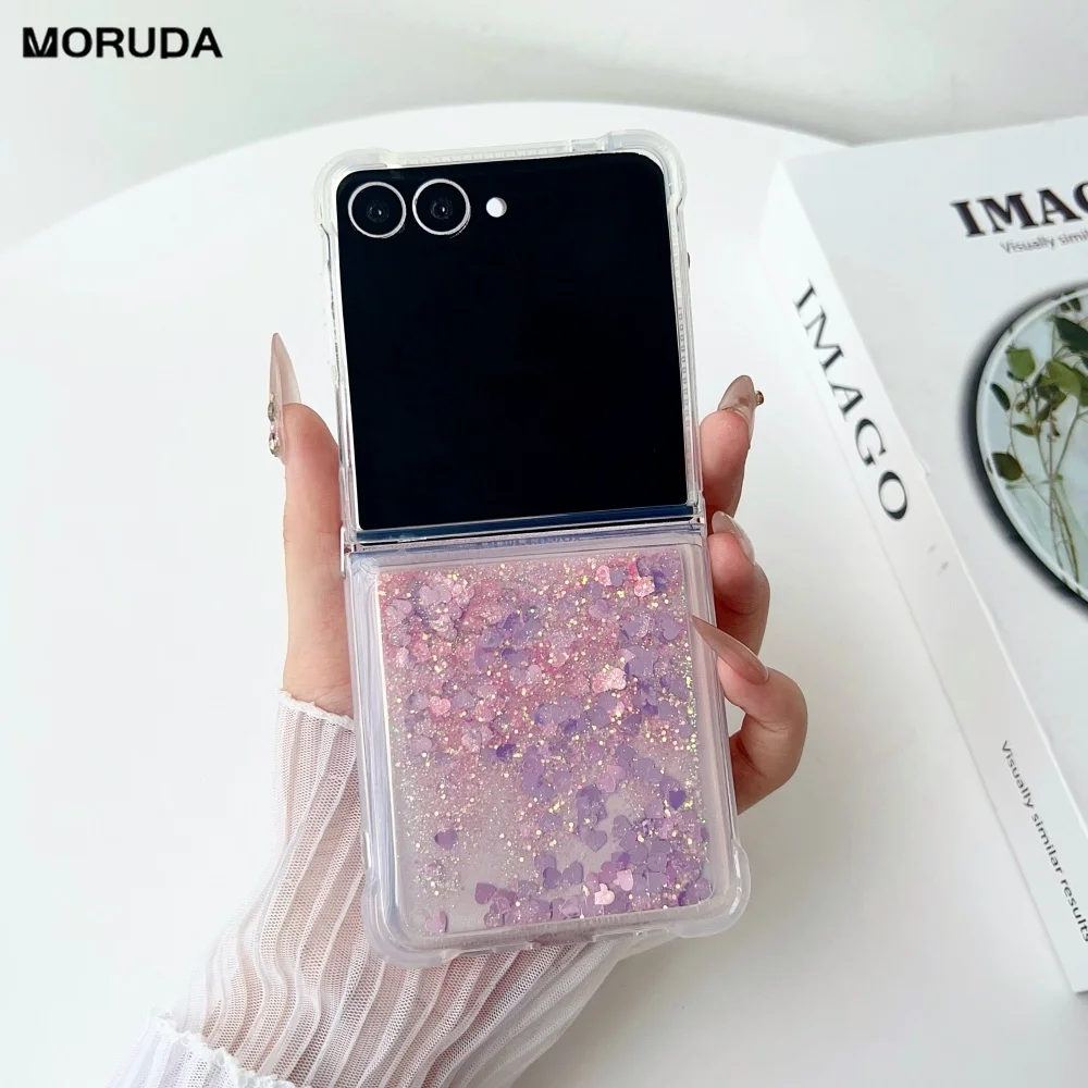 Funda de lujo con forma de corazón de amor y purpurina de arena movediza para Samsung Galaxy Z Flip 7 6 5 4 3 ZFlip Bling Star Airbag cubierta a prueba de golpes