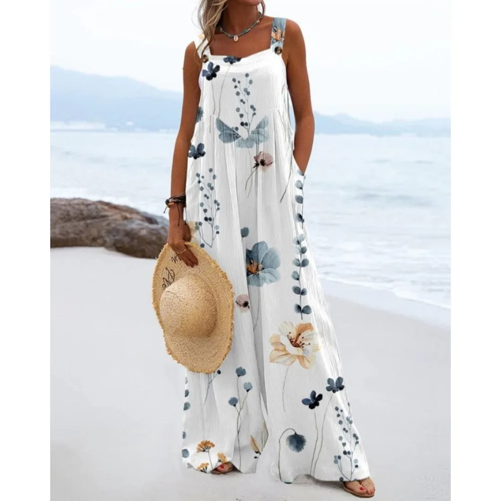 Mono de pierna ancha de cintura alta sin mangas para mujer, novedad de verano 2025, mono con estampado Digital, monos con botones étnicos a la moda