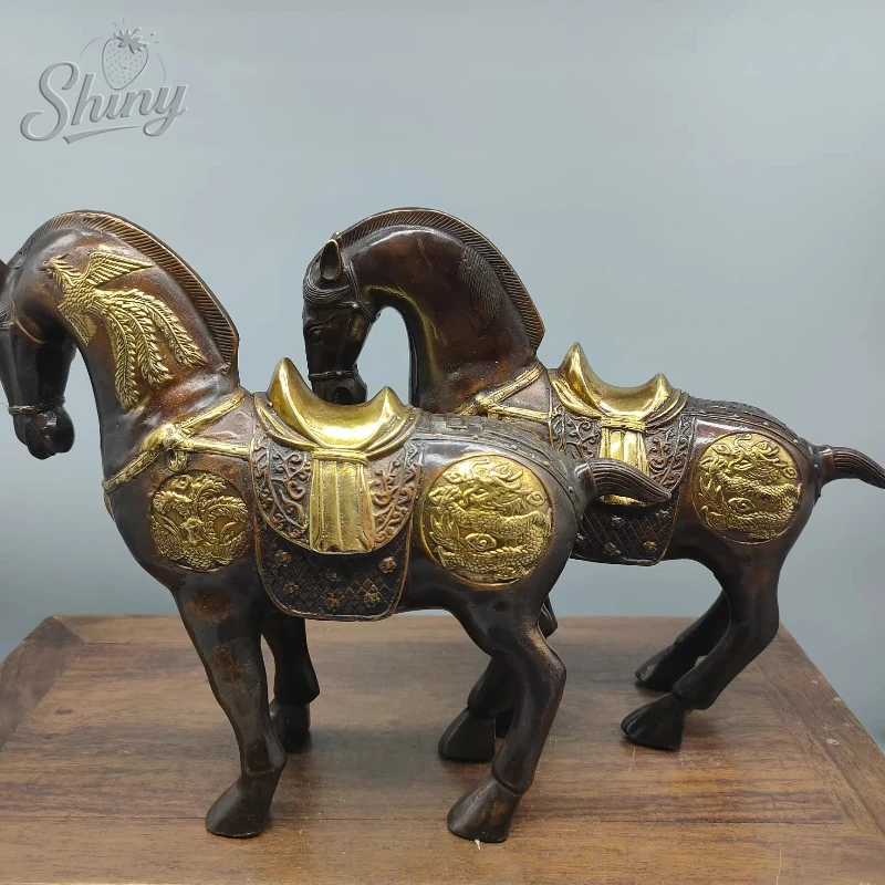 

2pcs Antique Pure Copper Horse Figurine Gilded Dragon Phoenix Tang Dynasty Horse Zodiac Horse Home Office Desktop Craft Ornament