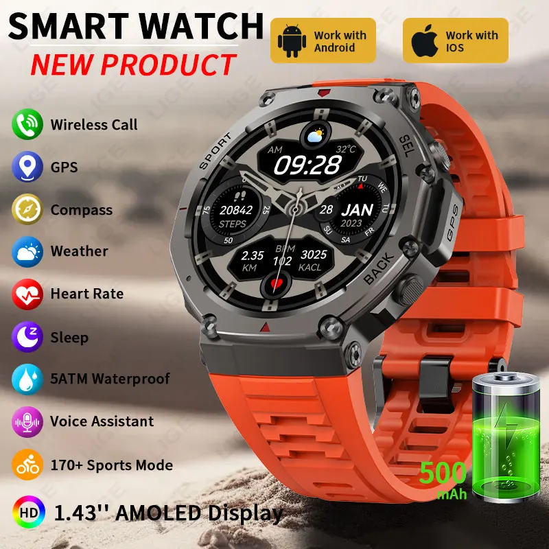 LIGE 500mAh Battery Smart Watch Men Dual-Band GPS 5ATM Waterproof Altimeter Compass BT Call Outdoor Sports Smartwatch 2026 New