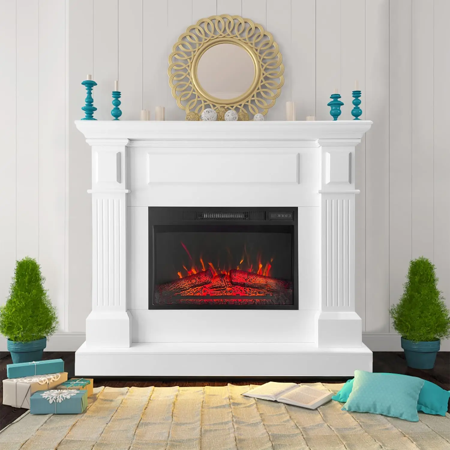 

43 Inch Electric Fireplace with Mantel, Tall Fire Place Heater Freestanding with Remote Control Timer LED Flame