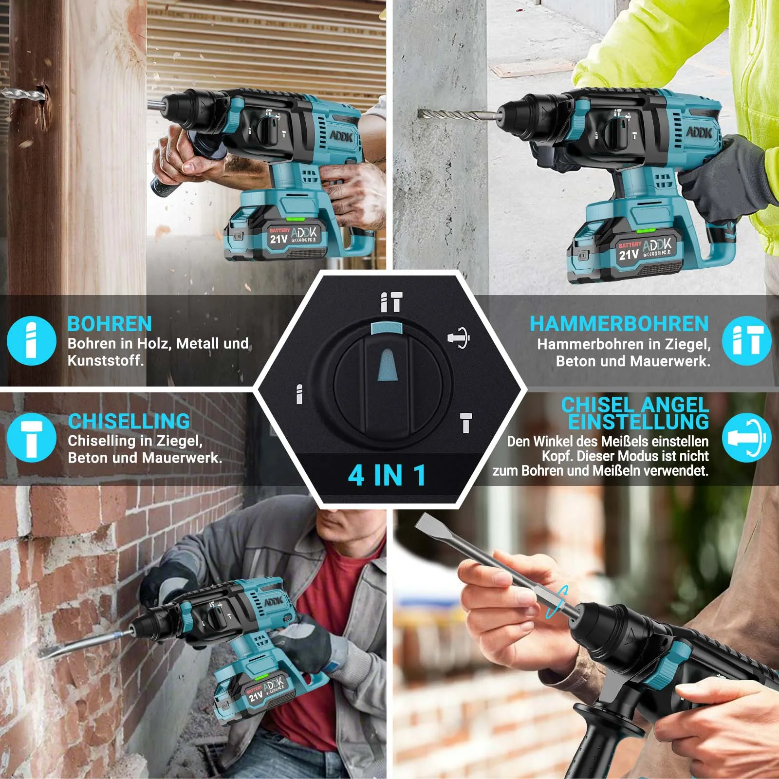 مجموعة مثقاب مطرقة لاسلكية OBBGGNT 2.1J، محرك بدون فرشاة 21 فولت، سرعة 1500 دورة في الدقيقة، مثقاب كهربائي بدون فرش 600 وات مع بطاريات 2 × 4.0 أمبير في الساعة