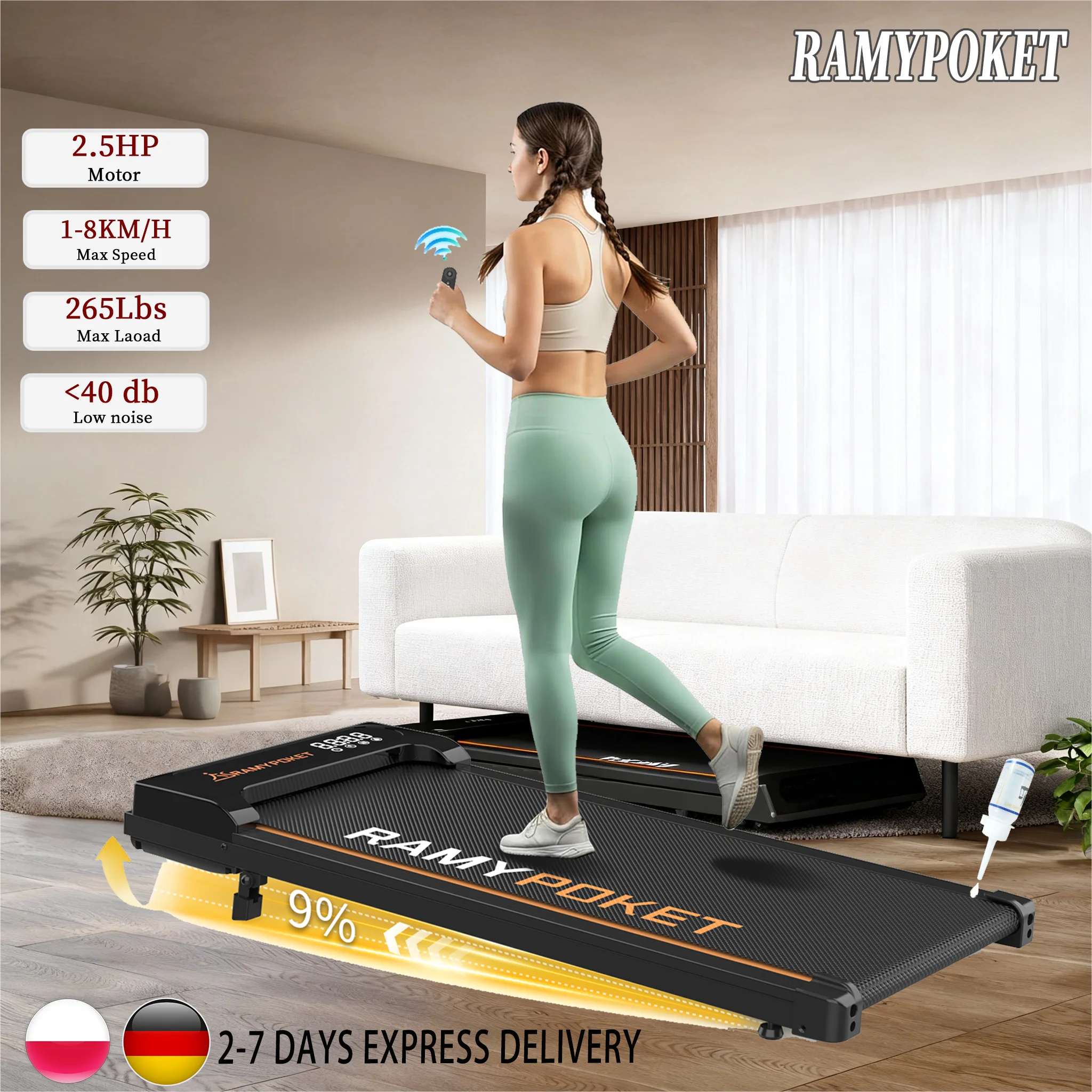 RAMYPOKET tapis de marche électrique pliant Vitesse maximale 1-8km/h 120 kg Tapis de course intérieur intérieur tapis roulant